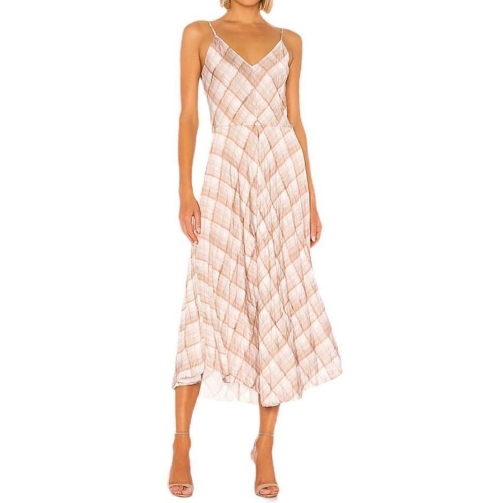 Vince Hazy Plaid Cami Midi Slip Dress Sun Taupe Fall Neutral Crinkle Charmeuse
